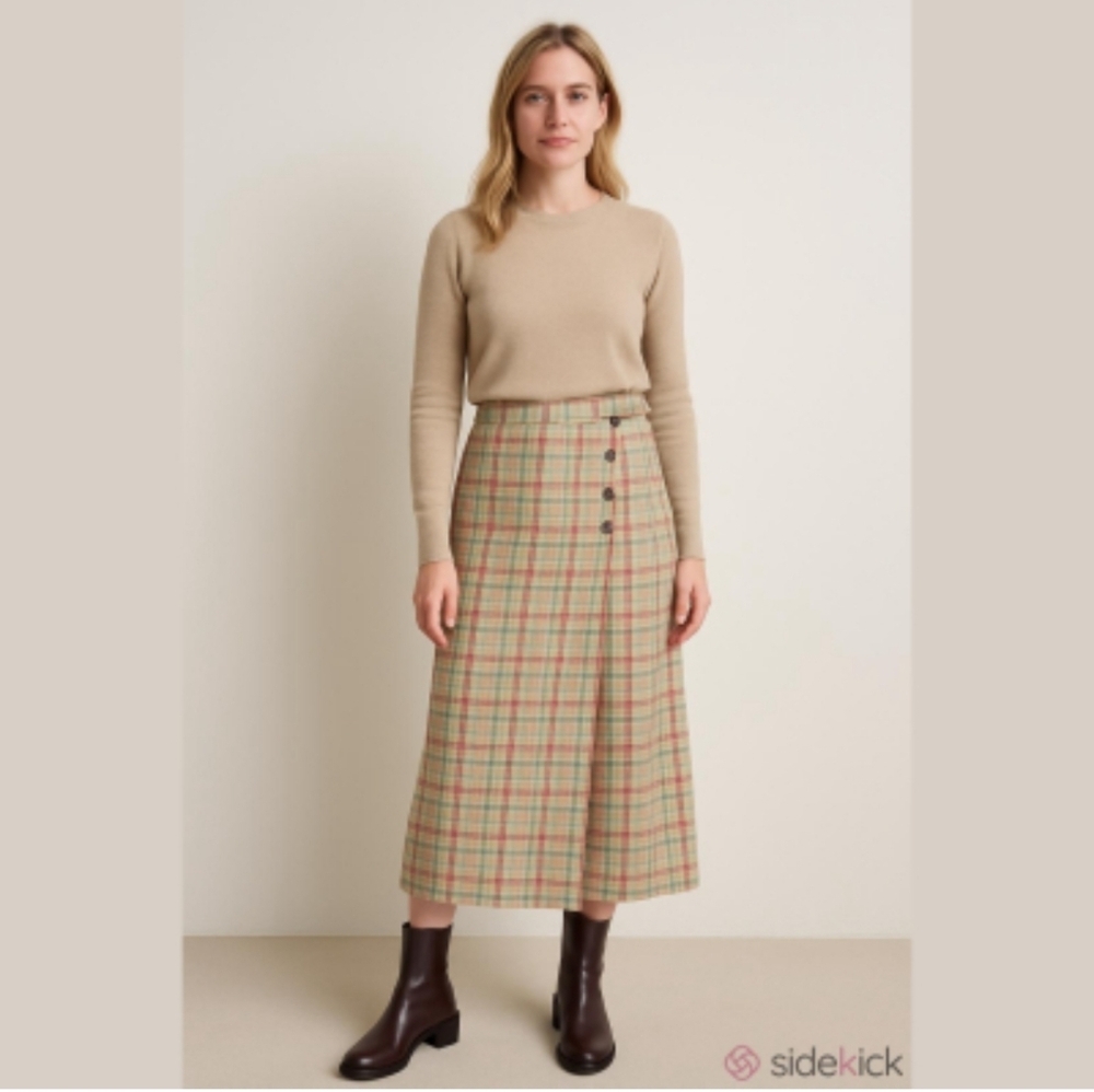 90s Vintage Column Maxi Skirt %100 Cotton Tan & Blue Plaid Wrap Midi-Maxi Skirt
